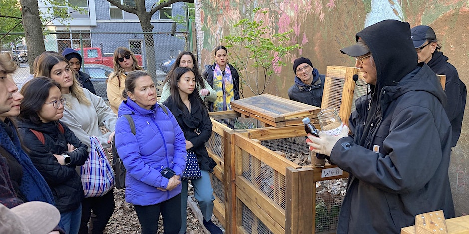 Bokashi expert Shig Matsukawa teaching a group of about 10 people about bokashi in Down to Earth Garden