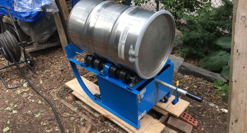 A close-up of our Bokashi rotator - a metal keg placed sideways on a platform which causes the keg to rotate continuously