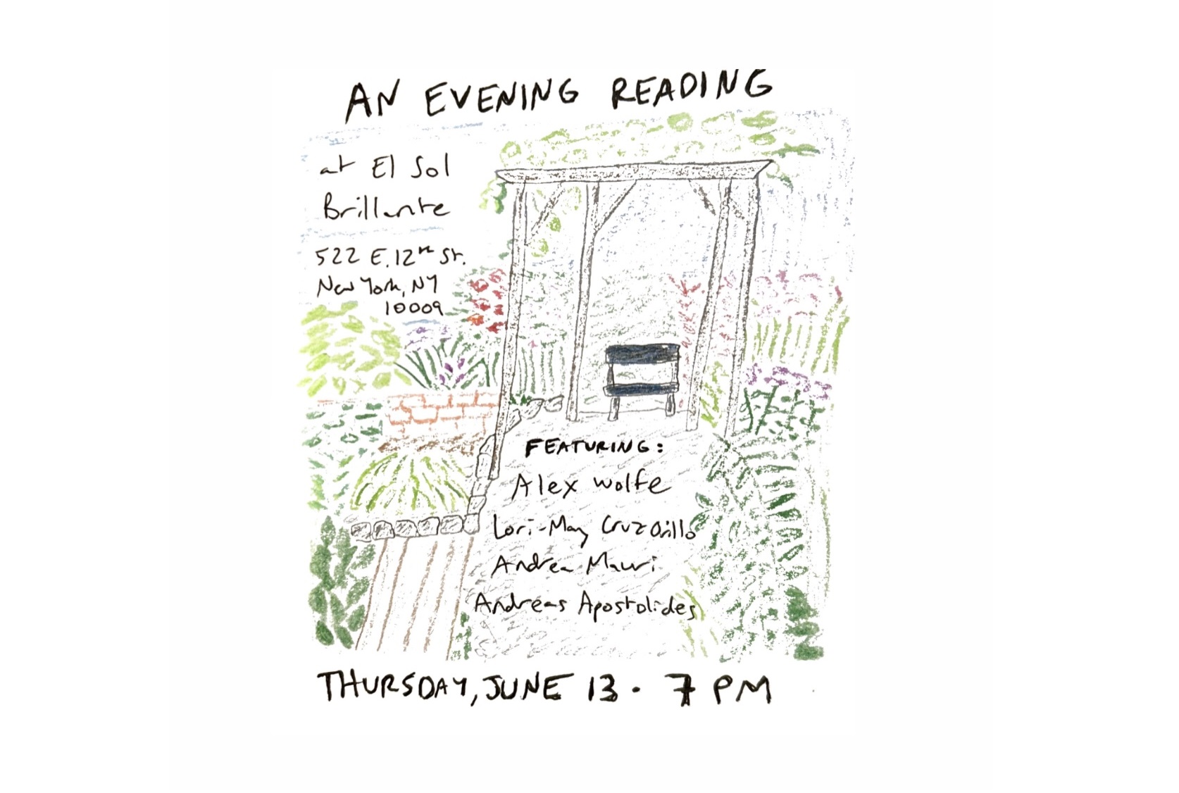 Illustration flyer for an evening reading at el sol brillante with a drawing of the garden's arbor, some plots, and a bench