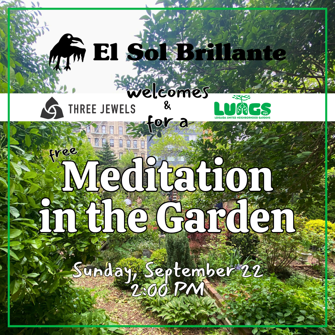 Flyer for guided meditation with Three Jewels and LUNGS NYC on Saturday September 22 at 2 PM