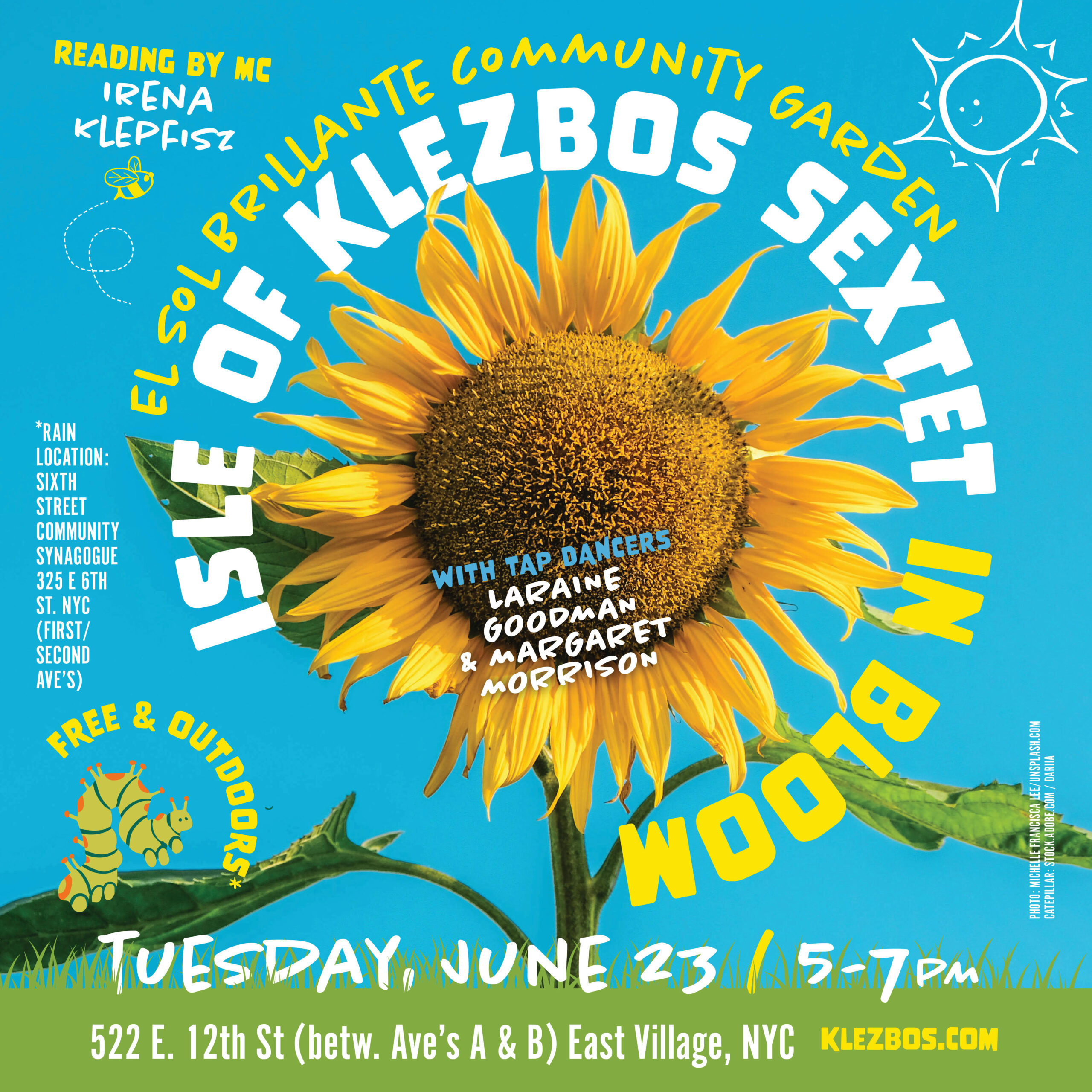 Information for the upcoming concert with Isle of Klezbos, with a sunflower in the background.