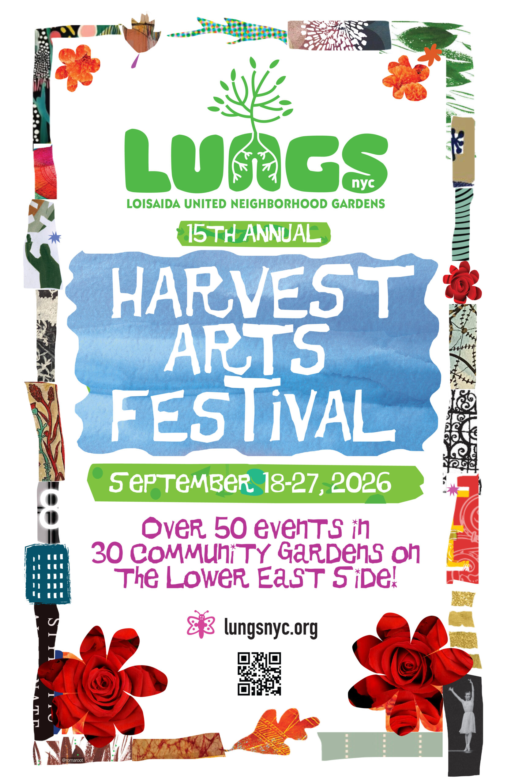 Flyer for the LUNGS Harvest Arts Festival, running September 18-27 2026 - over 50 events in 30 community gardens on the Lower East Side